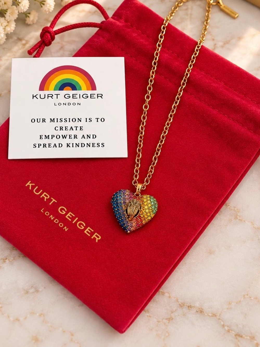 Kurt Geiger Rainbow Crystal Heart Locket Necklace Gold Tone Pendant Chain